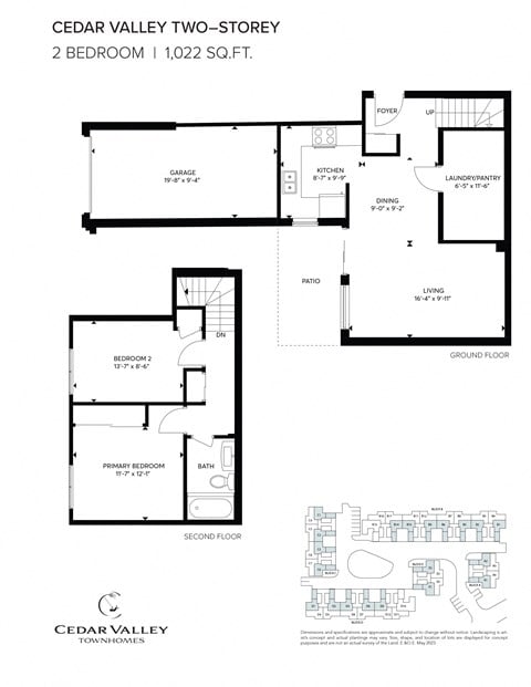 Floor plan for 2 beds, 1 bath, 1022 sqft